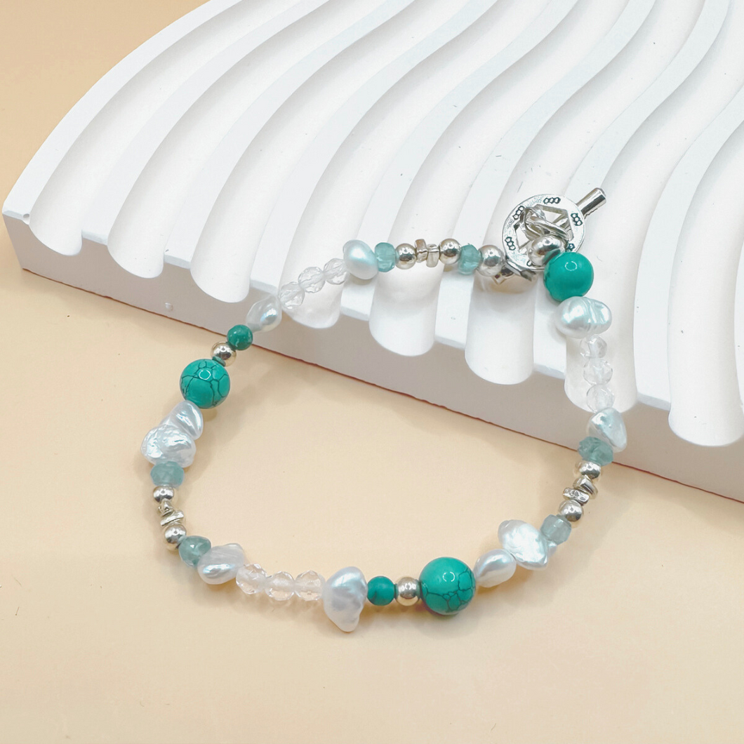 蔚藍柔光 綠松石、珍珠、白水晶、藍磷灰S925純銀手鏈